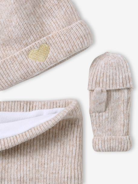 Meisjes set muts « C½ur » + snood + wanten/handschoenen ecru+marineblauw - vertbaudet enfant 