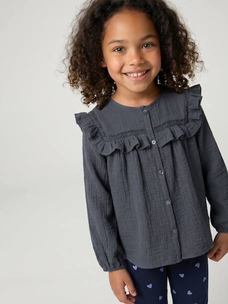 Blouse met lange mouwen voor meisjes leiblauw+roze (poederkleur)+vanille - vertbaudet enfant 