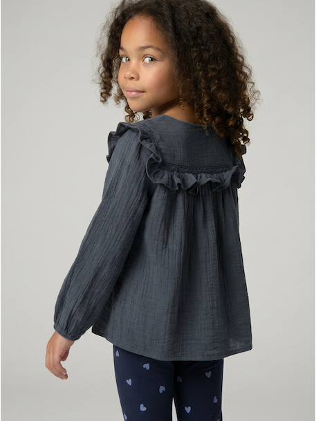 Blouse met lange mouwen voor meisjes leiblauw+roze (poederkleur)+vanille - vertbaudet enfant 