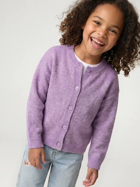 Gebreid meisjesvest met lange mouwen ecru+lavendel+saliegroen - vertbaudet enfant 