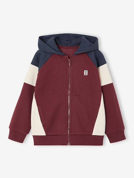Sweater met rits jongen met capuchon coloblock bordeauxrood+gemêleerd grijs+groen+middenblauw+okergeel - vertbaudet enfant 