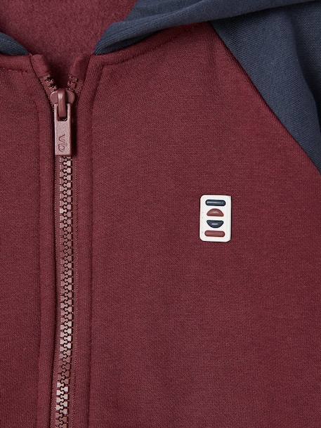 Sweater met rits jongen met capuchon coloblock bordeauxrood+gemêleerd grijs+groen+middenblauw+okergeel - vertbaudet enfant 