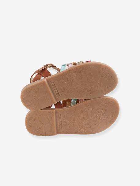 Lederen meisjessandalen met verschillende bandjes, collectie kleuterschool 6510+karamel+meerkleurig - vertbaudet enfant 