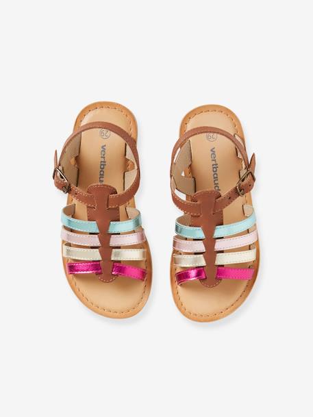 Lederen meisjessandalen met verschillende bandjes, collectie kleuterschool 6510+karamel+meerkleurig - vertbaudet enfant 