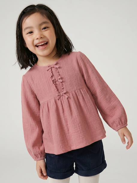 Meisjesblouse met lange mouwen ecru+rouge - vertbaudet enfant 
