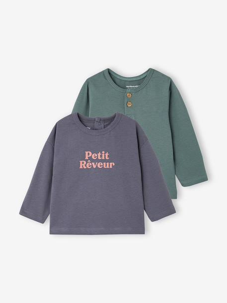Set van 2 babyjongensshirts met lange mouwen cacao+smaragdgroen - vertbaudet enfant 