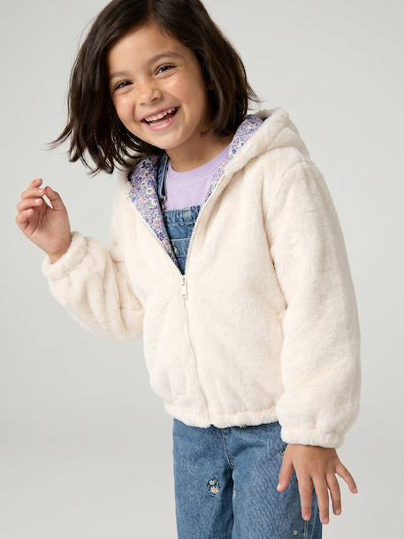 Omkeerbare windjack met capuchon voor meisjes, luipaard/sherpa beige+vanille - vertbaudet enfant 