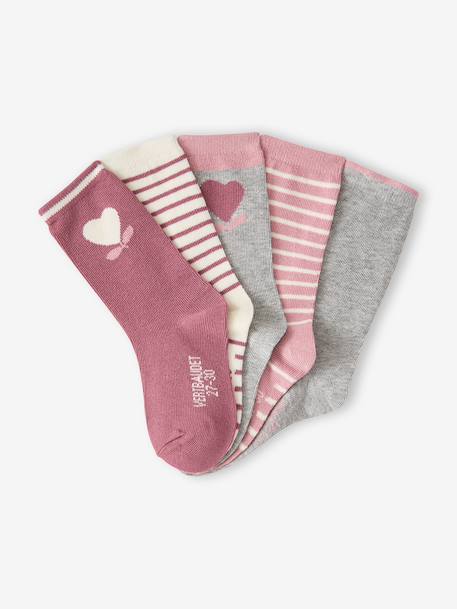 Set van 5 paar meisjessokken met hartjes abrikoos+beige+chambrayblauw+zachtpaars - vertbaudet enfant 