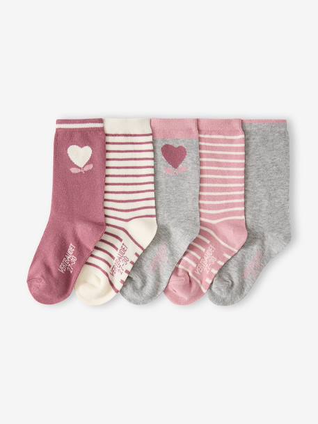 Set van 5 paar meisjessokken met hartjes abrikoos+beige+chambrayblauw+zachtpaars - vertbaudet enfant 