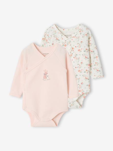 Set van 2 babyrompertjes met lange mouwen cappuccino+lichtroze+saliegroen - vertbaudet enfant 