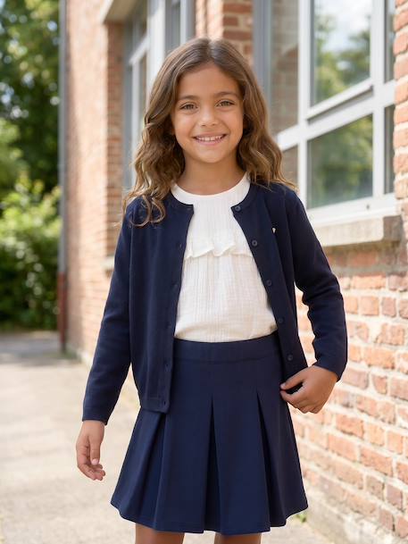 Meisjesvest Basics van fijn breisel antraciet+gemêleerd beige+grijsblauw+marineblauw+pruim+rozenhout+smaragdgroen+vanille - vertbaudet enfant 