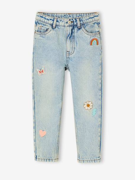 Mom meisjesjeans met bloemenborduurwerk blauw+lichtblauw+middenblauw - vertbaudet enfant 