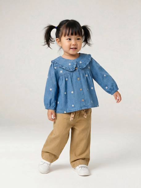 Wijde broek met kleur babymeisje met riem om te strikken beige+donkerpaars+karamel - vertbaudet enfant 