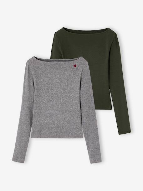 Set van 2 t-shirts in ribstof voor meisjes JONEN bordeauxrood+Engels groen+gemêleerd grijs - vertbaudet enfant 