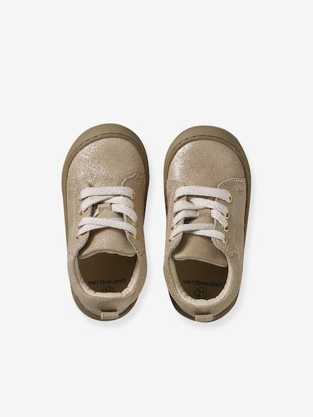 Baby eerste stapjes, veterschoenen van soepel leer bruin+donkerbruin+fuchsia+goudgeel+rozen - vertbaudet enfant 