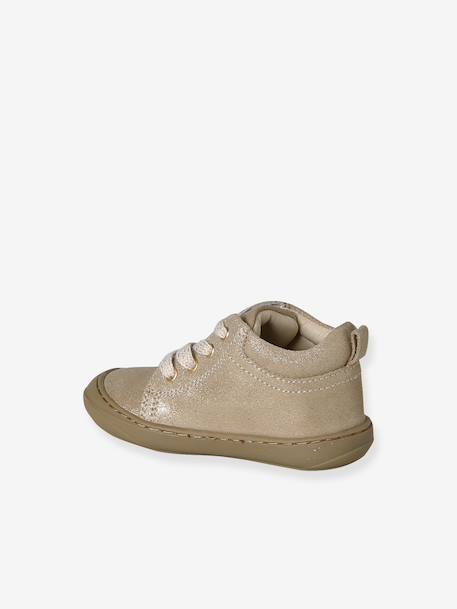 Baby eerste stapjes, veterschoenen van soepel leer bruin+donkerbruin+fuchsia+goudgeel+rozen - vertbaudet enfant 