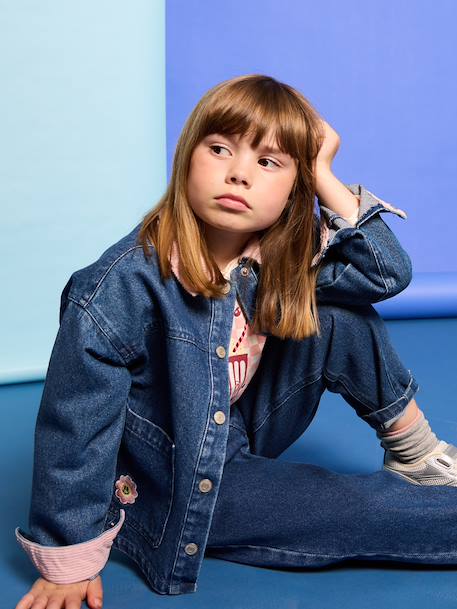 Denim meisjesjas met ribkraag middenblauw - vertbaudet enfant 