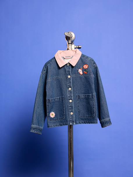 Denim meisjesjas met ribkraag middenblauw - vertbaudet enfant 