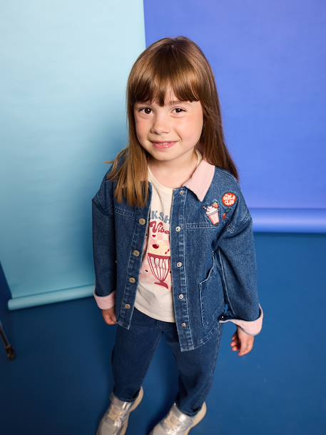 Denim meisjesjas met ribkraag middenblauw - vertbaudet enfant 