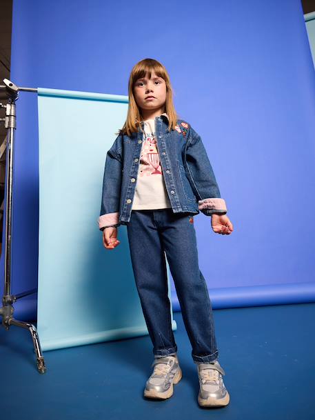 Denim meisjesjas met ribkraag middenblauw - vertbaudet enfant 