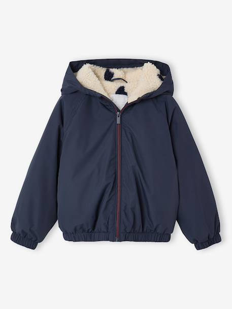 Winddichte jas met capuchon voor meisjes, gevoerd met sherpa marineblauw+rozen - vertbaudet enfant 