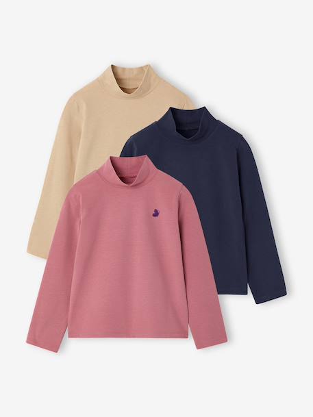 Set van 3 T-shirts BASICS met opstaande kraag voor meisjes rozenhout+zachtpaars - vertbaudet enfant 