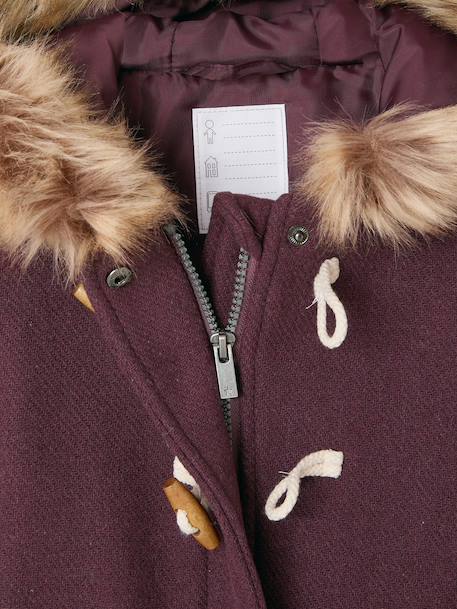Duffel met capuchon van wol met houtje-touwtjeknopen groengrijs+kameel+pruim+rouge - vertbaudet enfant 