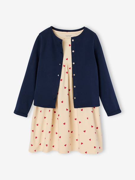 Set met vest en bloemenjurk meisje groengrijs+kameel+lichtgeel+marineblauw - vertbaudet enfant 