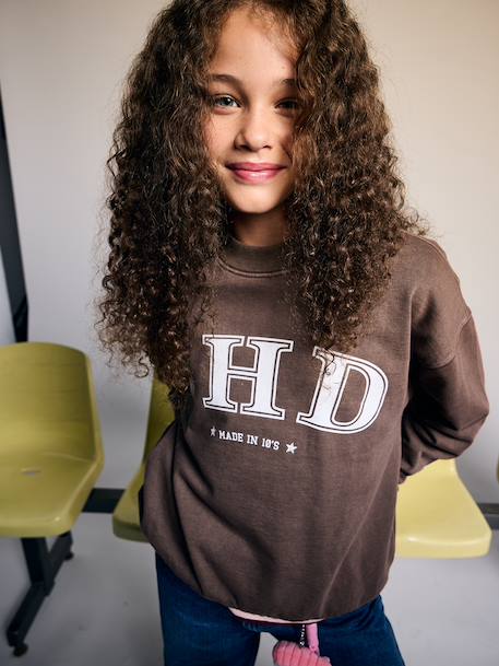 Meisjessweater met print chocoladebruin+grijs - vertbaudet enfant 