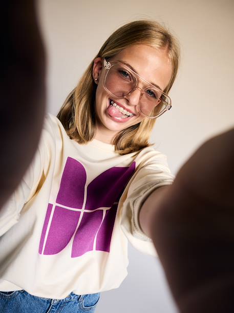Sweater met print voor meisjes ecru+oudroze - vertbaudet enfant 