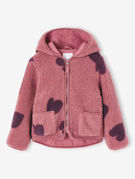 Sherpa vest met capuchon en bloemenprint voor meisjes ecru+vanille+zachtpaars - vertbaudet enfant 