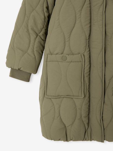Lange donsjack met capuchon voor meisjes, gevoerd met imitatiebont kaki+zwart - vertbaudet enfant 