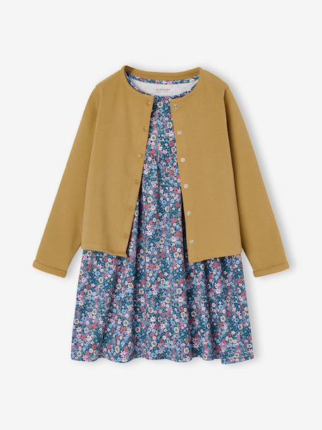 Set met vest en bloemenjurk meisje groengrijs+kameel+lichtgeel+marineblauw - vertbaudet enfant 