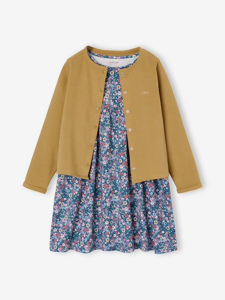 Set met vest en bloemenjurk meisje groengrijs+kameel+lichtgeel+marineblauw - vertbaudet enfant 