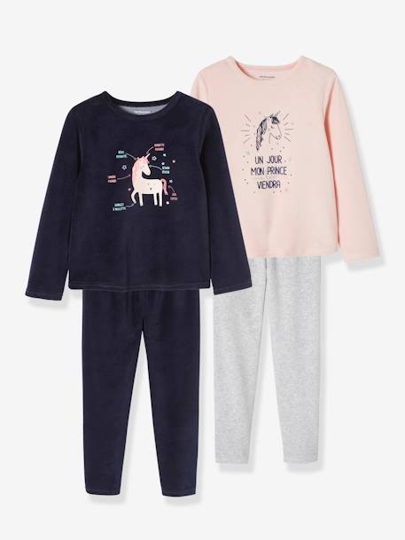 Set van 2 fluwelen meisjespyjama's 'eenhoorn' roze - vertbaudet enfant 