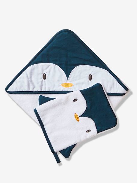 Badcape + washand Pinguïn wit/blauw - vertbaudet enfant 