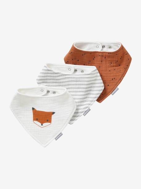 Set met 3 slabbetjes van katoengaas beige, bedrukt+ecru+grijsblauw+lichtroze+saliegroen+set groene panda+set vos+touw+veel beige+WIT - vertbaudet enfant 