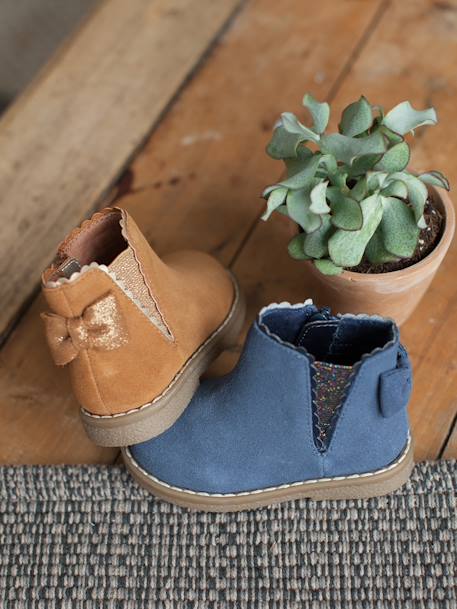 Elastische leren laarsjes voor meisjesbaby's beige, bedrukt+bordeauxrood+CAMEL+marineblauw+zwart - vertbaudet enfant 