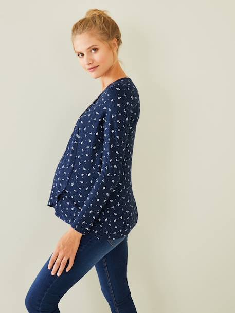 Zwangerschaps- en borstvoedingsshirt met gekruiste banden marineblauwe bloemen - vertbaudet enfant 