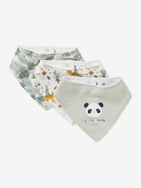 Set met 3 slabbetjes van katoengaas beige, bedrukt+ecru+grijsblauw+lichtroze+saliegroen+set groene panda+set vos+touw+veel beige+WIT - vertbaudet enfant 
