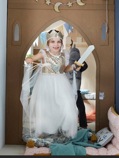 Verkleedkleren prinses met sluier en kroon goudkleurig+groen+roze - vertbaudet enfant 