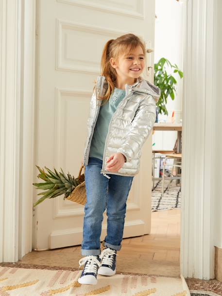 Meisjesshirt van Engels borduurwerk en mouwen met stroken WIT+ZACHTGROEN - vertbaudet enfant 