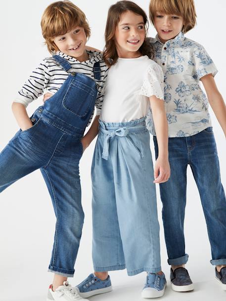 Wijde 'paperbag'-driekwartmeisjesbroek van licht denim double stone+middenblauw - vertbaudet enfant 