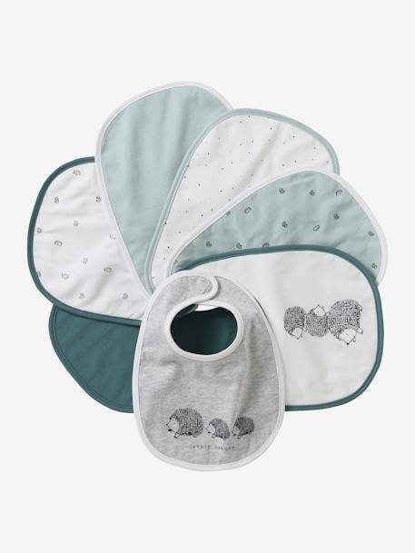 Set van 7 babyslabbetjes beige, bedrukt+blauwgroen+Egel+jungle wit+lichtroze+touw - vertbaudet enfant 