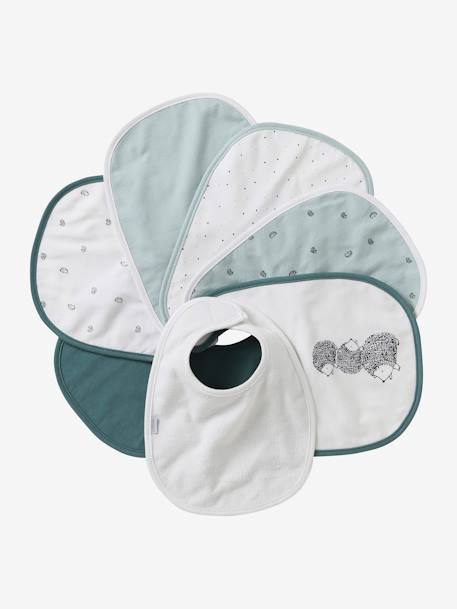 Set van 7 babyslabbetjes beige, bedrukt+blauwgroen+Egel+jungle wit+lichtroze+touw - vertbaudet enfant 