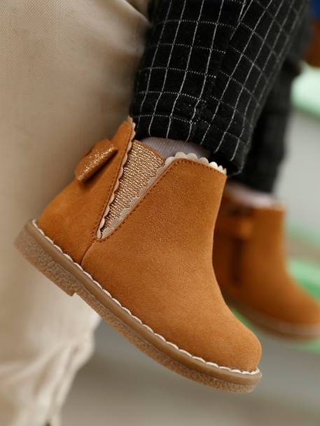 Elastische leren laarsjes voor meisjesbaby's beige, bedrukt+bordeauxrood+CAMEL+marineblauw+zwart - vertbaudet enfant 