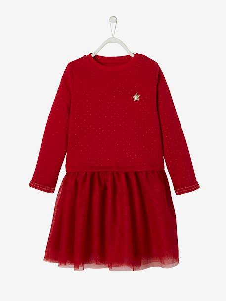 Kerstmeisjesjurk van twee soorten materiaal baksteenrood - vertbaudet enfant 