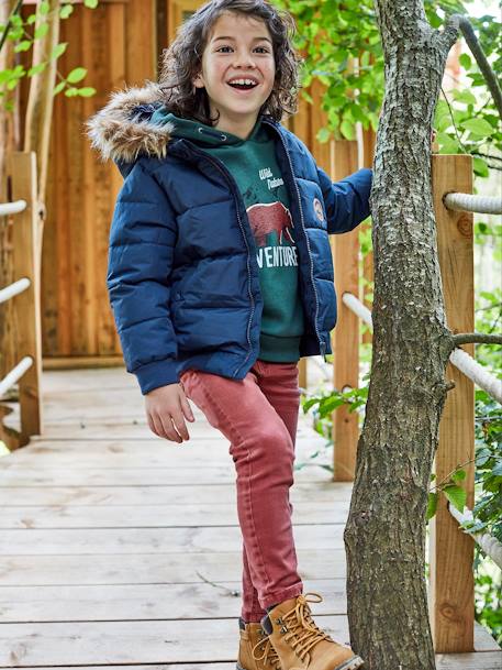 Jongensdonsjack met capuchon gevoerd met fleece van gerecycled polyester inkt+ORANJE - vertbaudet enfant 