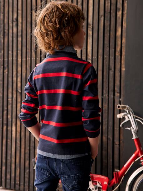 Gestreepte polo jongens effect 2-in-1 6680+donkerblauw+Engels groen+marineblauw+rood gestreept - vertbaudet enfant 