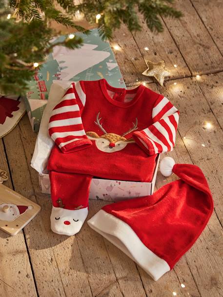 Kerstcadeauset voor baby met fluwelen pyjamapakje + mutsje baksteenrood - vertbaudet enfant 